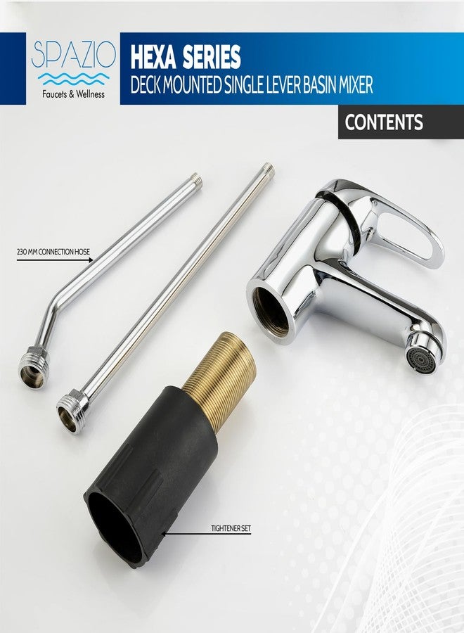 SPAZIO خلاط حوض سبازيو هيكسا النحاسي ذو ذراع واحد، صنبور خلاط للماء الساخن والبارد لحوض الغسيل المثبت على سطح الطاولة، للحمام، بجسم بارتفاع 6 بوصات وخرطوم مضفر بطول 18 بوصة، صنبور خلاط حوض مطلي بالكروم - Image 4